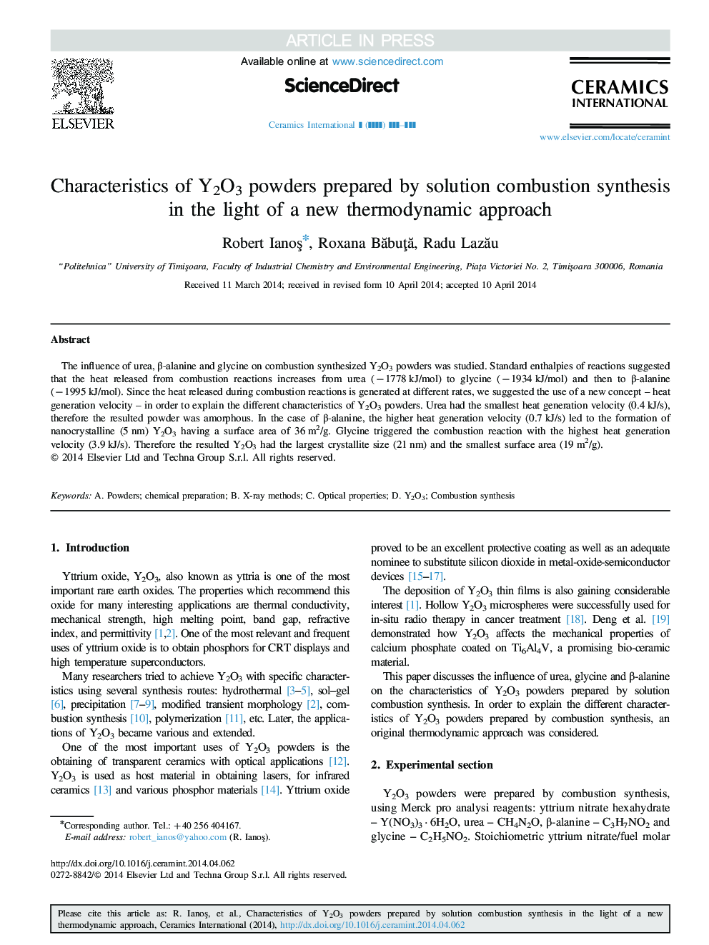 Characteristics of Y2O3 powders prepared by solution combustion synthesis in the light of a new thermodynamic approach