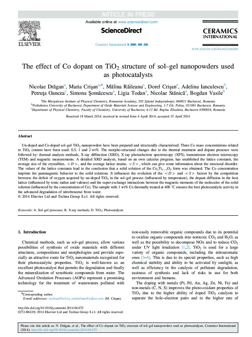 The effect of Co dopant on TiO2 structure of sol-gel nanopowders used as photocatalysts