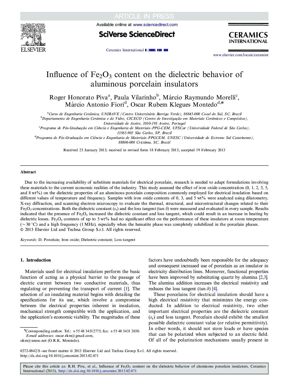 Influence of Fe2O3 content on the dielectric behavior of aluminous porcelain insulators