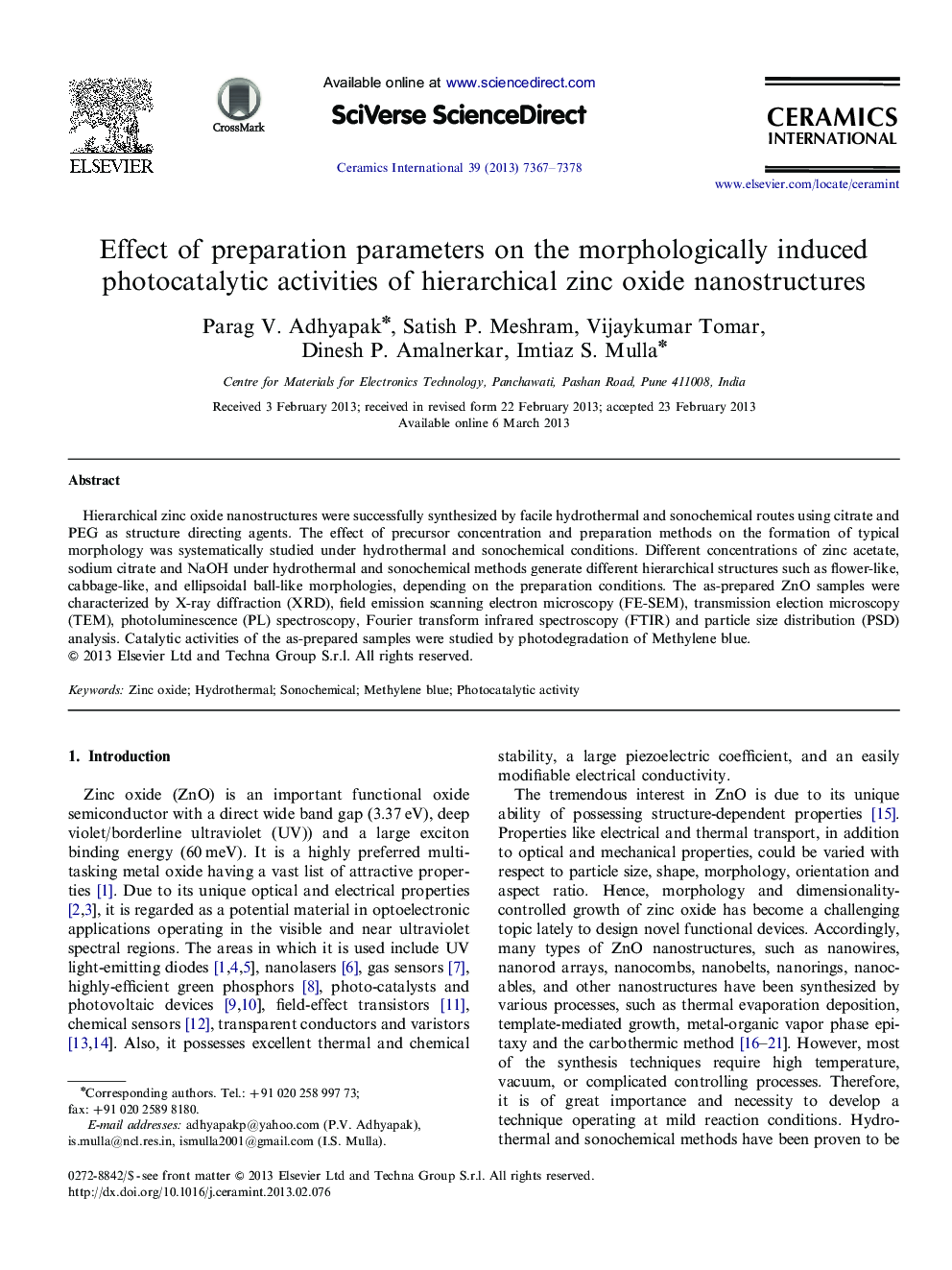 Effect of preparation parameters on the morphologically induced photocatalytic activities of hierarchical zinc oxide nanostructures