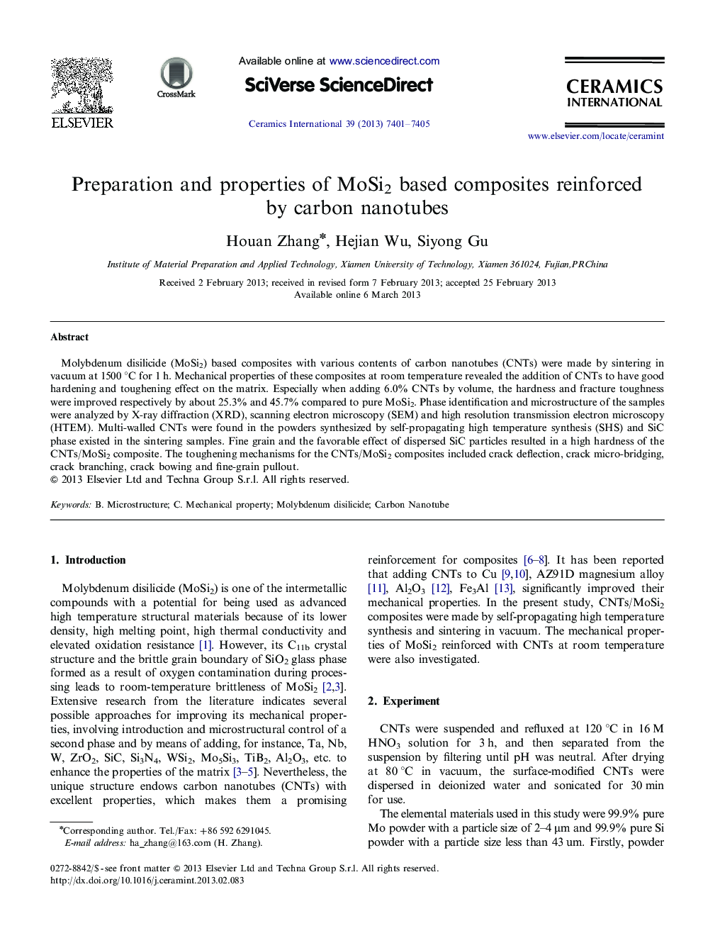 Preparation and properties of MoSi2 based composites reinforced by carbon nanotubes