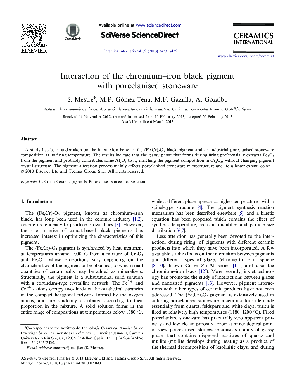 Interaction of the chromium-iron black pigment with porcelanised stoneware