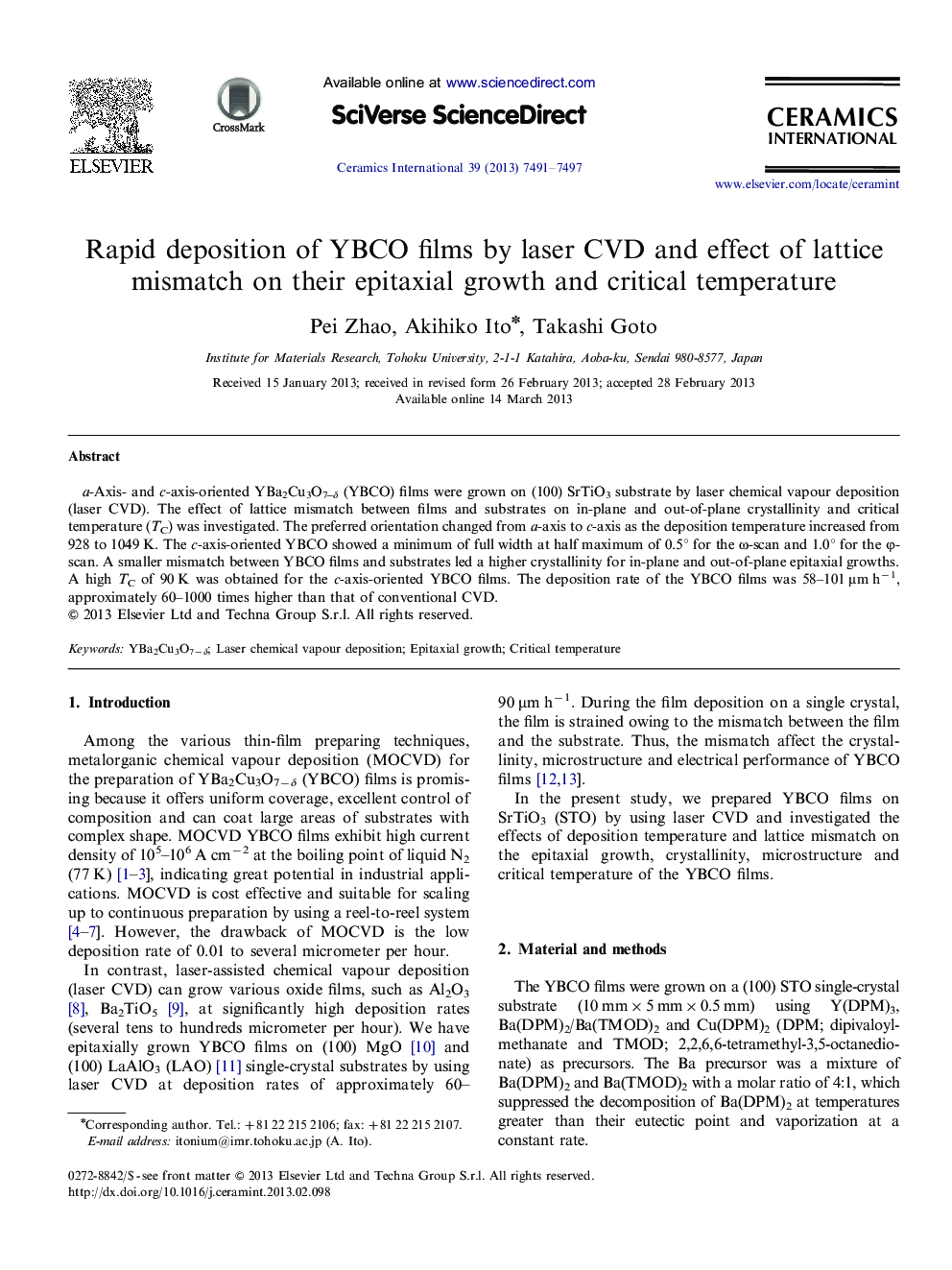 Rapid deposition of YBCO films by laser CVD and effect of lattice mismatch on their epitaxial growth and critical temperature