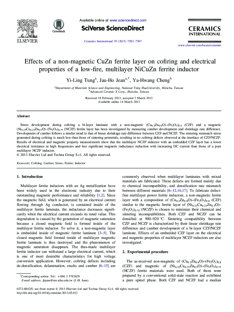 Effects of a non-magnetic CuZn ferrite layer on cofiring and electrical properties of a low-fire, multilayer NiCuZn ferrite inductor