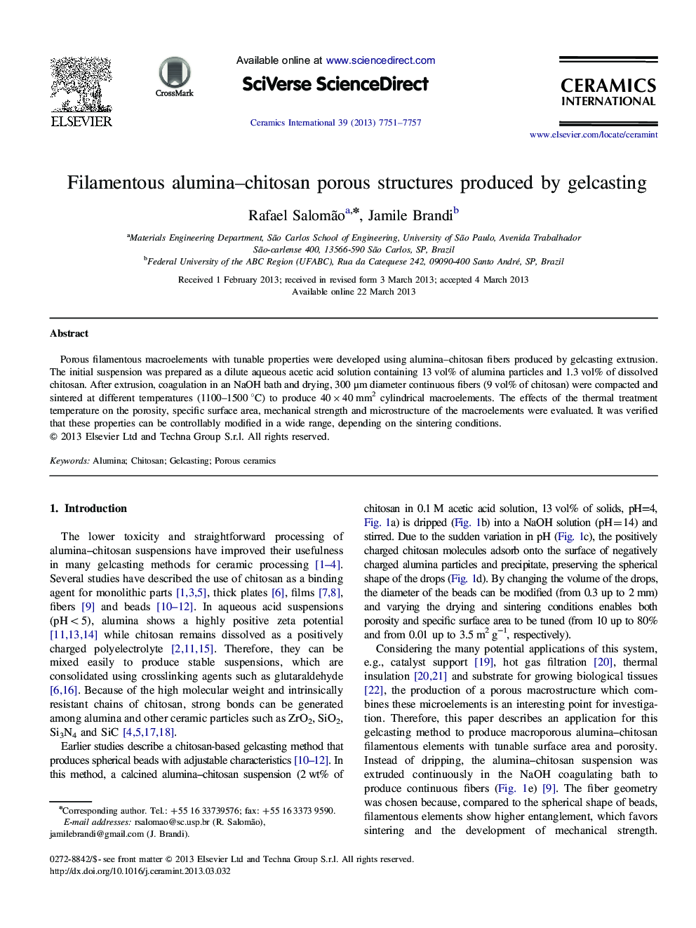 عکس صفحه اول مقاله: Filamentous alumina-chitosan porous structures produced by gelcasting Filamentous alumina-chitosan porous structures produced by gelcasting