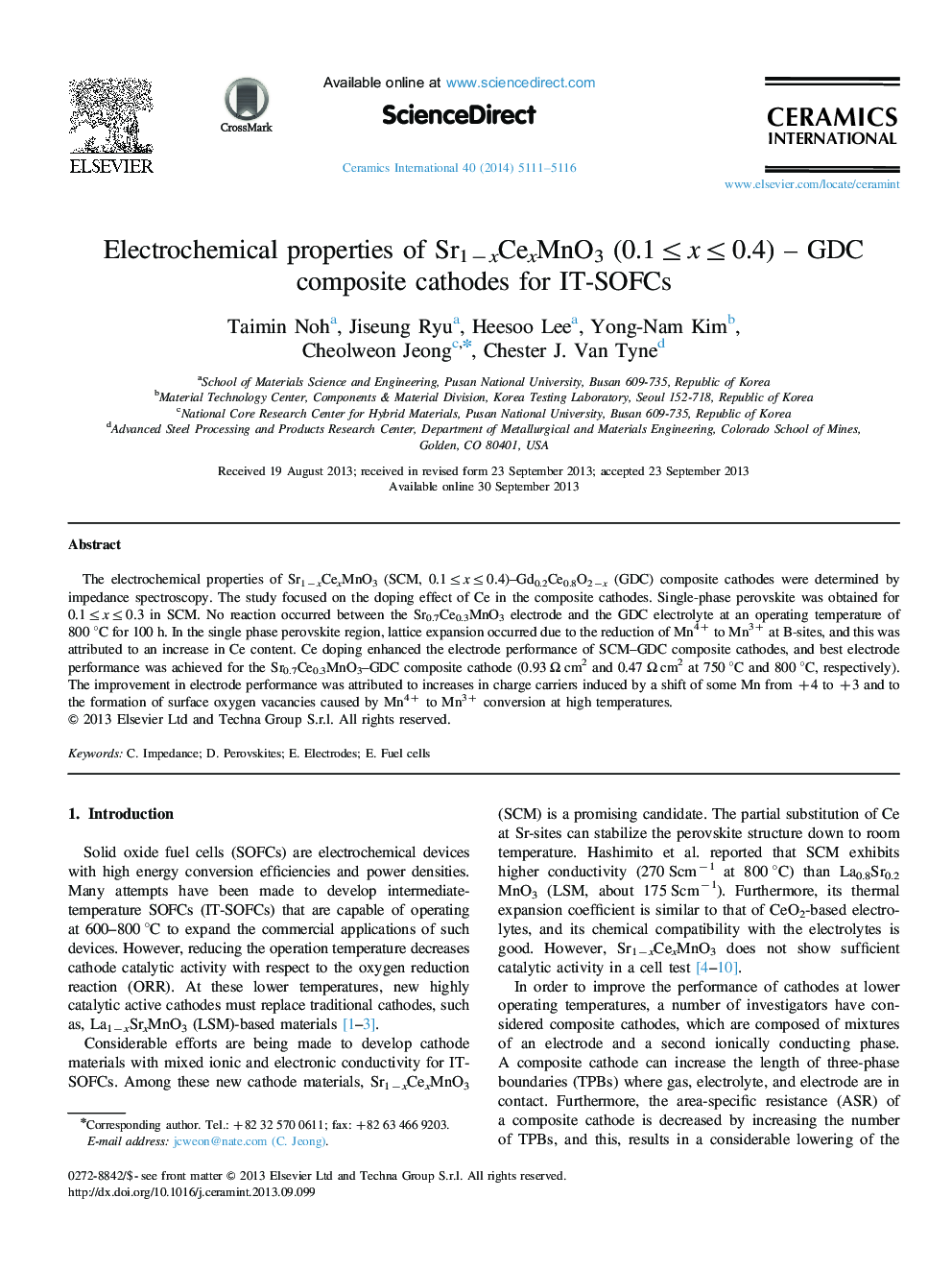 Electrochemical properties of Sr1âxCexMnO3 (0.1â¤xâ¤0.4) - GDC composite cathodes for IT-SOFCs
