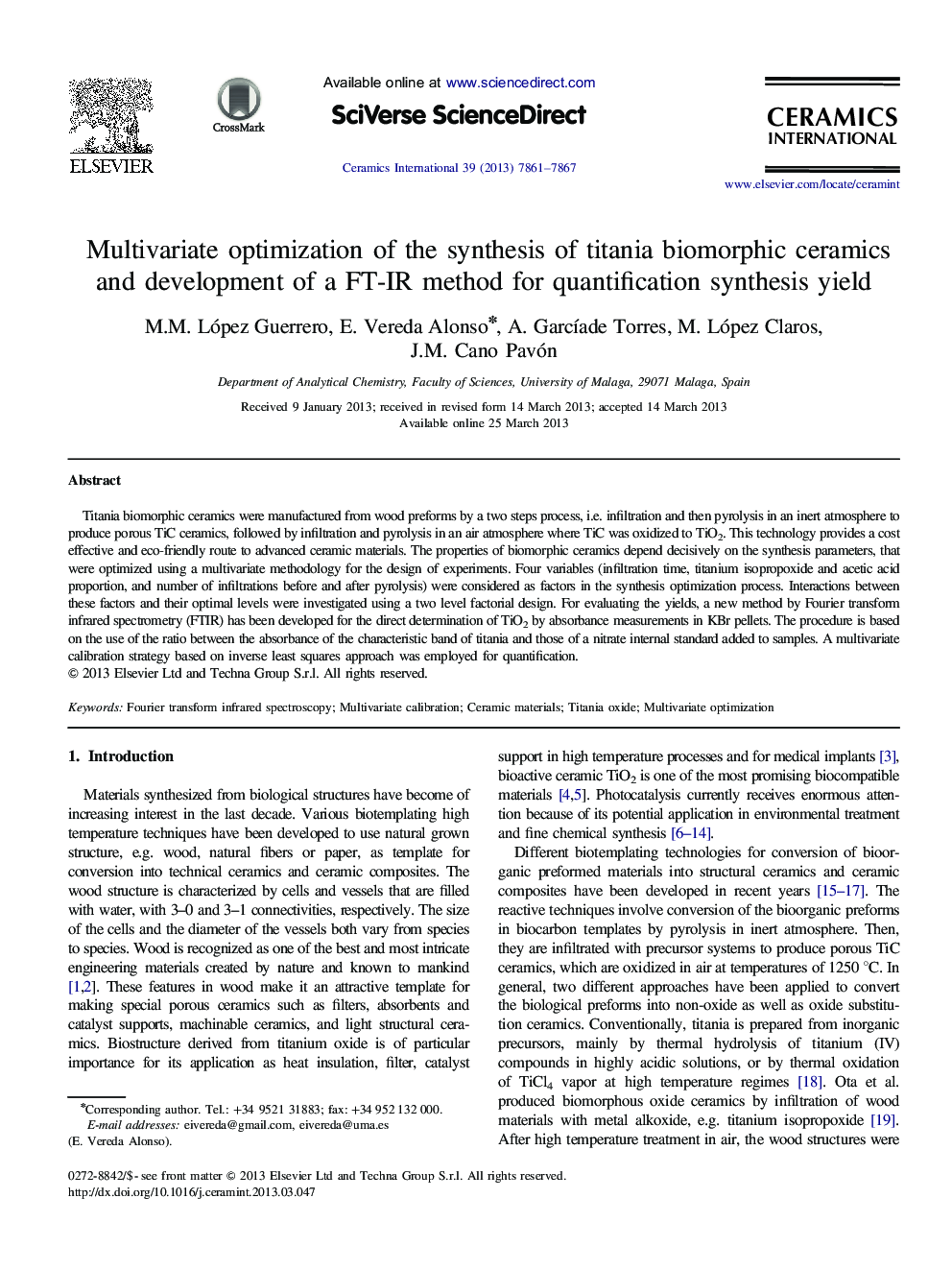 Multivariate optimization of the synthesis of titania biomorphic ceramics and development of a FT-IR method for quantification synthesis yield