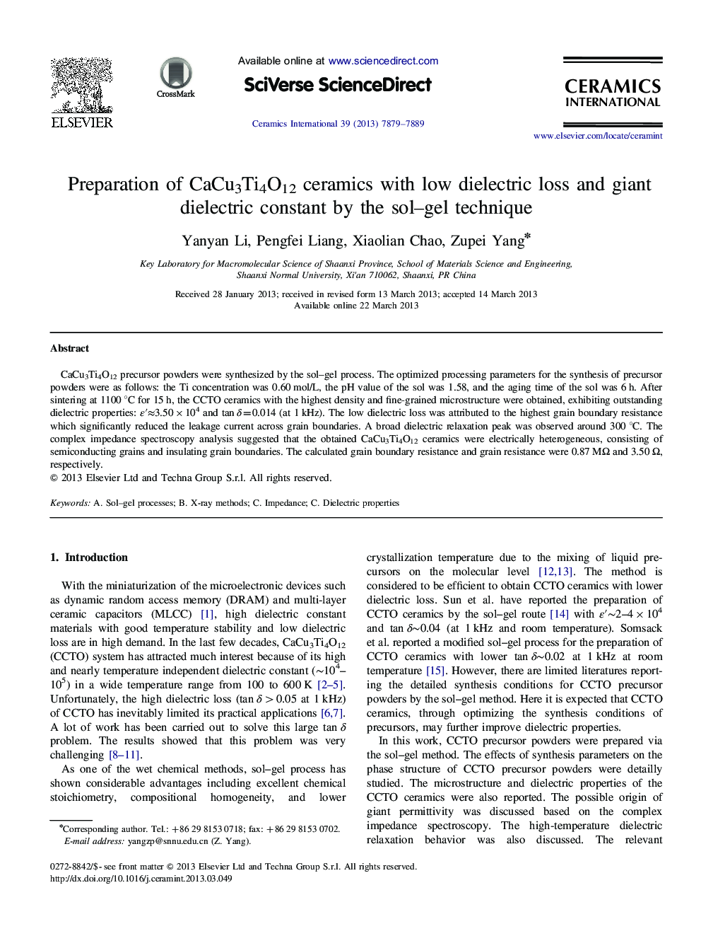 Preparation of CaCu3Ti4O12 ceramics with low dielectric loss and giant dielectric constant by the sol-gel technique