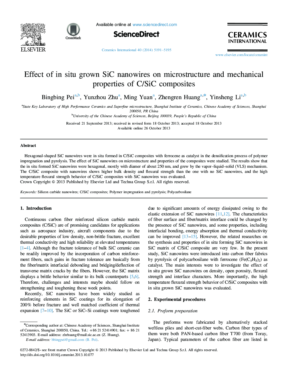 Effect of in situ grown SiC nanowires on microstructure and mechanical properties of C/SiC composites