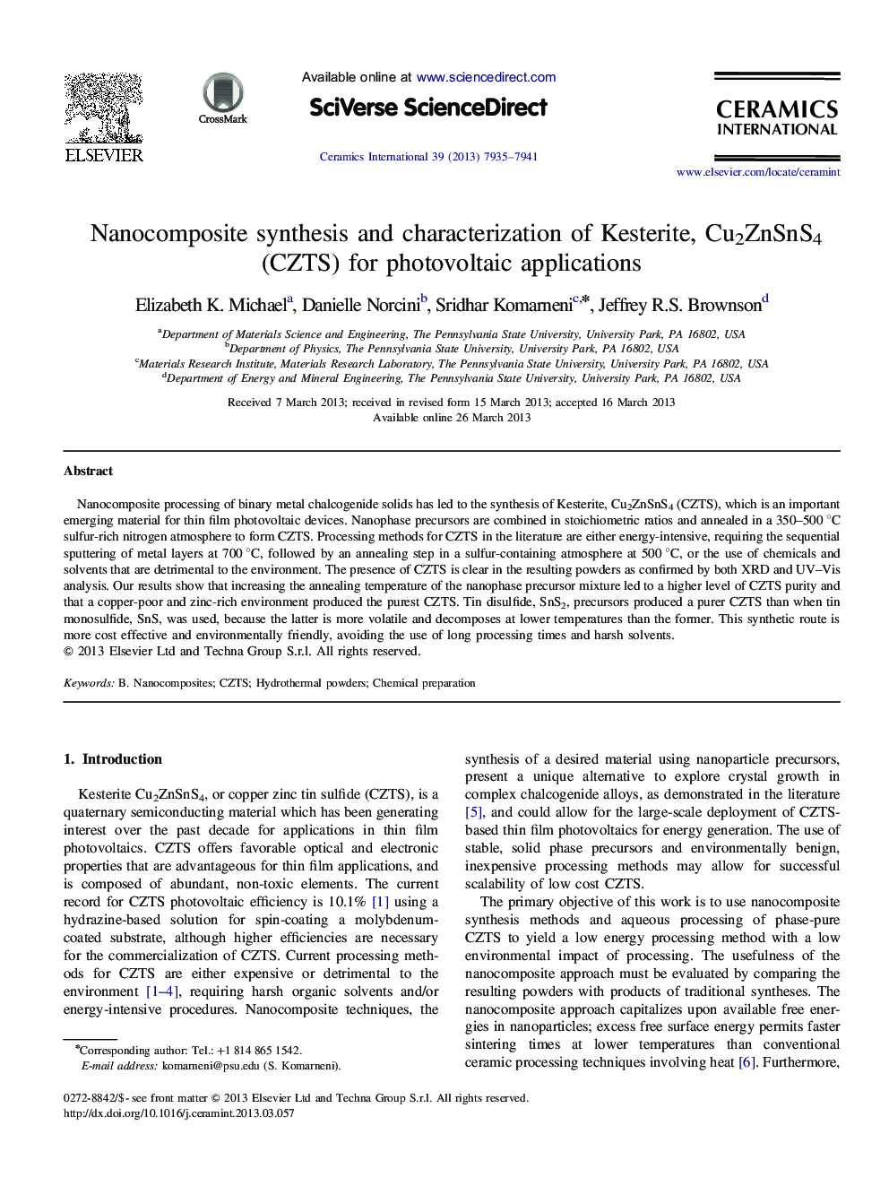 Nanocomposite synthesis and characterization of Kesterite, Cu2ZnSnS4 (CZTS) for photovoltaic applications