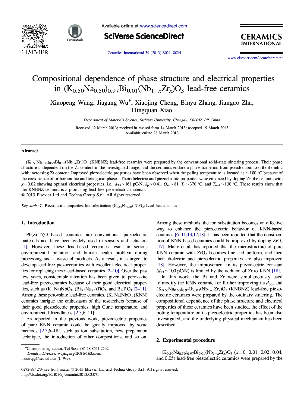 Compositional dependence of phase structure and electrical properties in (K0.50Na0.50)0.97Bi0.01(Nb1âxZrx)O3 lead-free ceramics