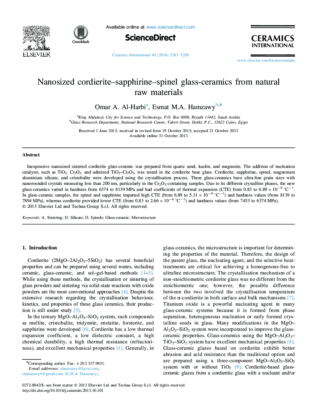 Nanosized cordierite-sapphirine-spinel glass-ceramics from natural raw materials