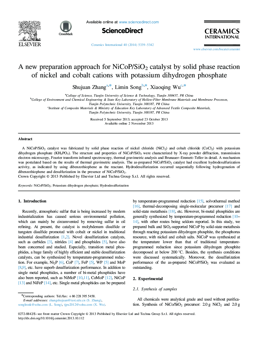 A new preparation approach for NiCoP/SiO2 catalyst by solid phase reaction of nickel and cobalt cations with potassium dihydrogen phosphate