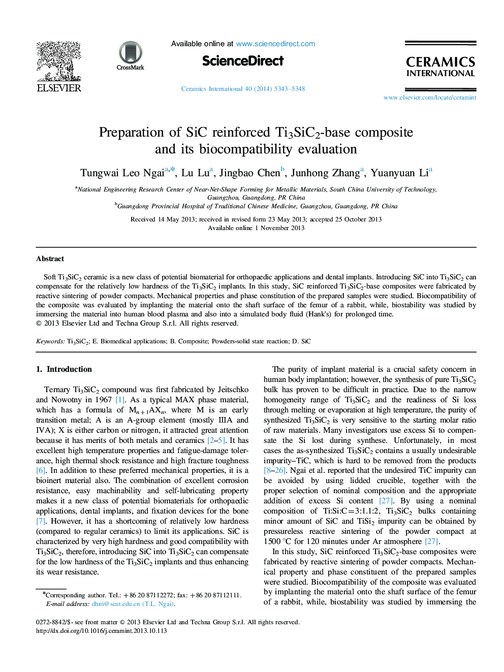 Preparation of SiC reinforced Ti3SiC2-base composite and its biocompatibility evaluation