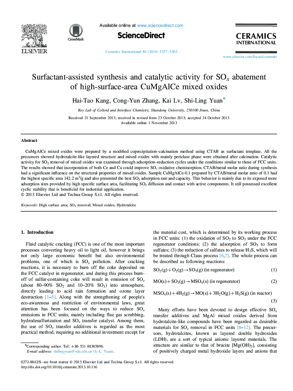 Surfactant-assisted synthesis and catalytic activity for SOx abatement of high-surface-area CuMgAlCe mixed oxides