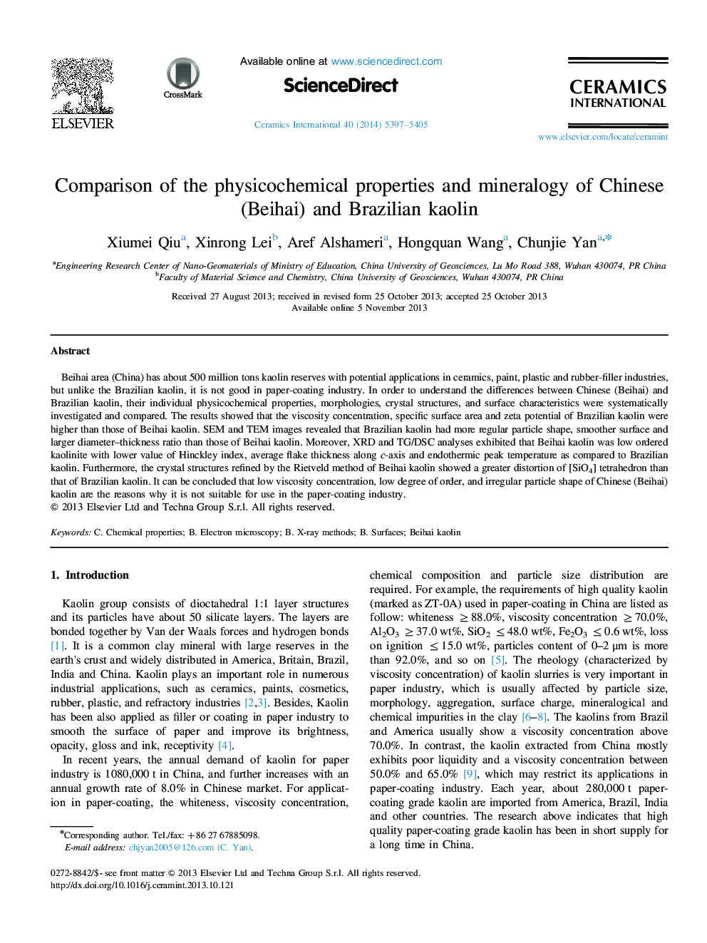 Comparison of the physicochemical properties and mineralogy of Chinese (Beihai) and Brazilian kaolin