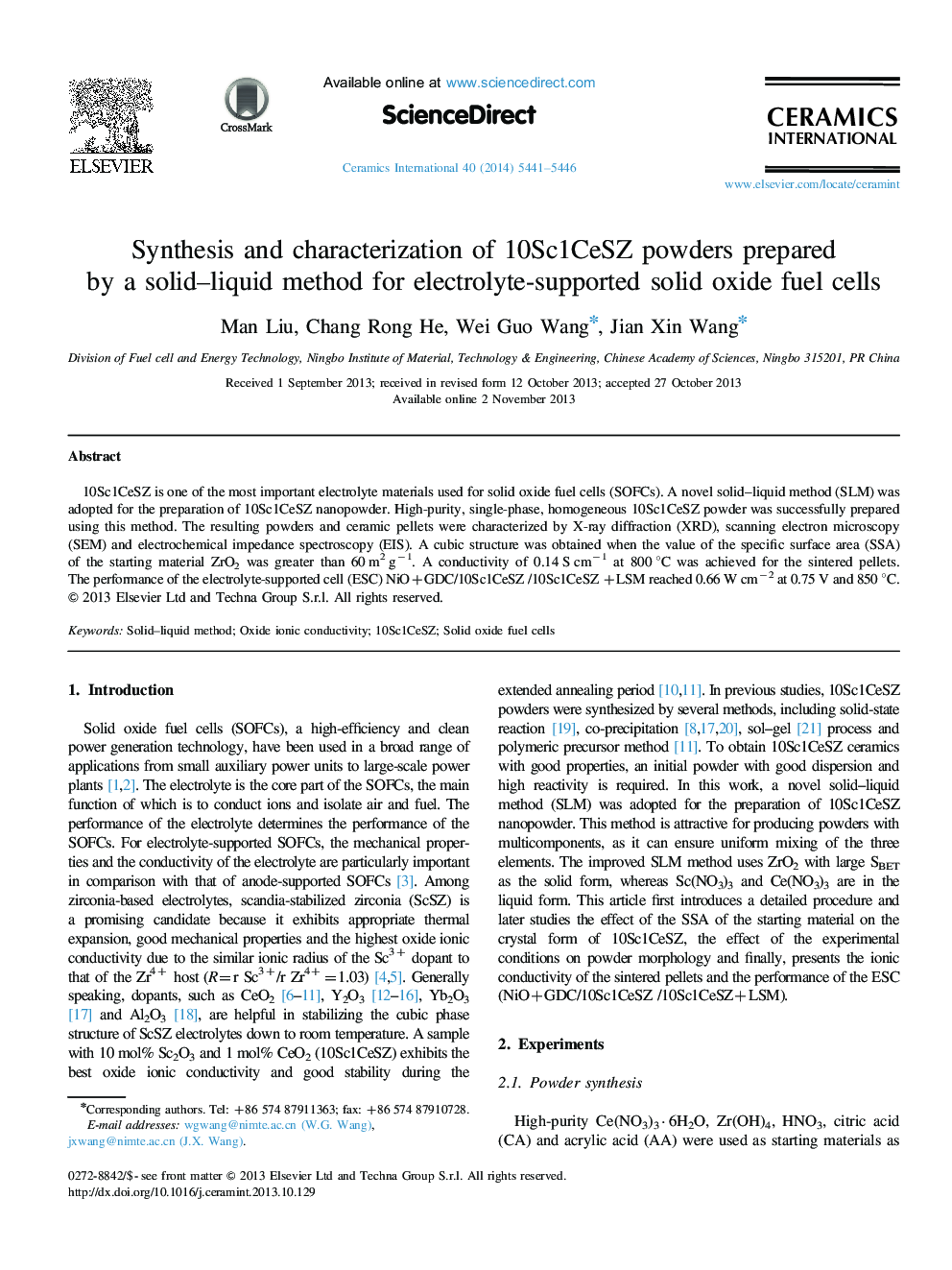 Synthesis and characterization of 10Sc1CeSZ powders prepared by a solid-liquid method for electrolyte-supported solid oxide fuel cells