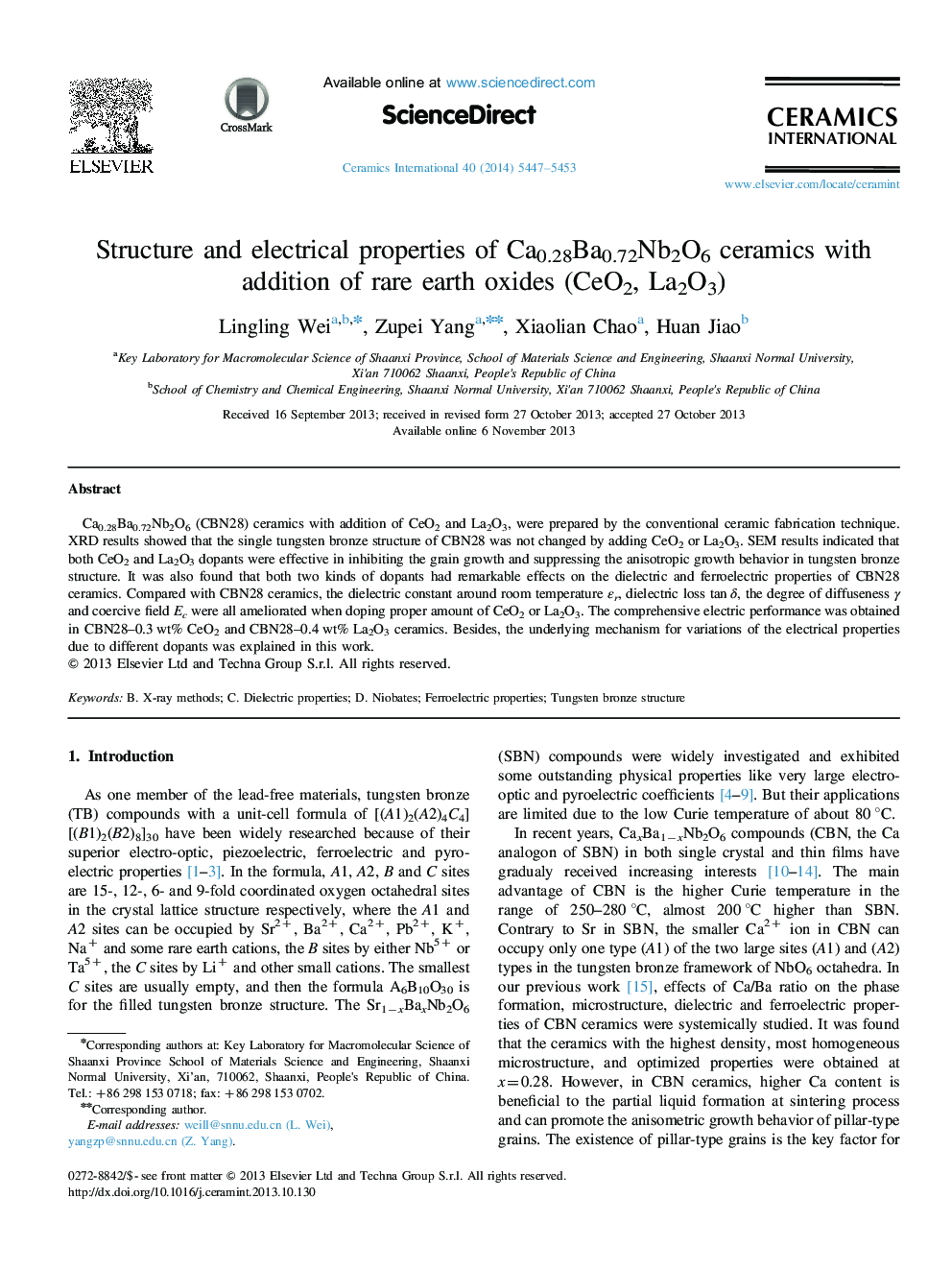 Structure and electrical properties of Ca0.28Ba0.72Nb2O6 ceramics with addition of rare earth oxides (CeO2, La2O3)