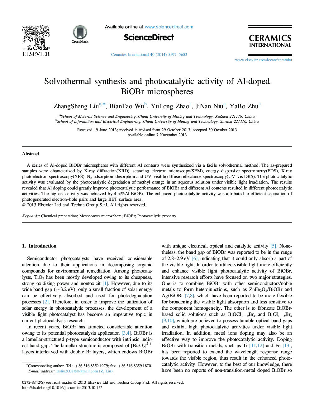 Solvothermal synthesis and photocatalytic activity of Al-doped BiOBr microspheres