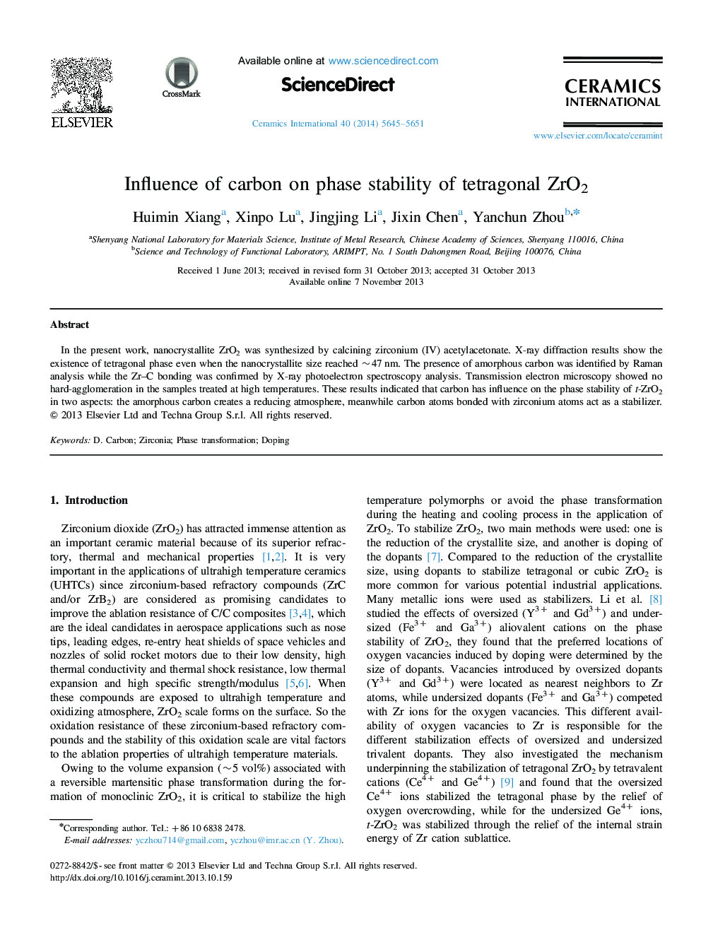 Influence of carbon on phase stability of tetragonal ZrO2