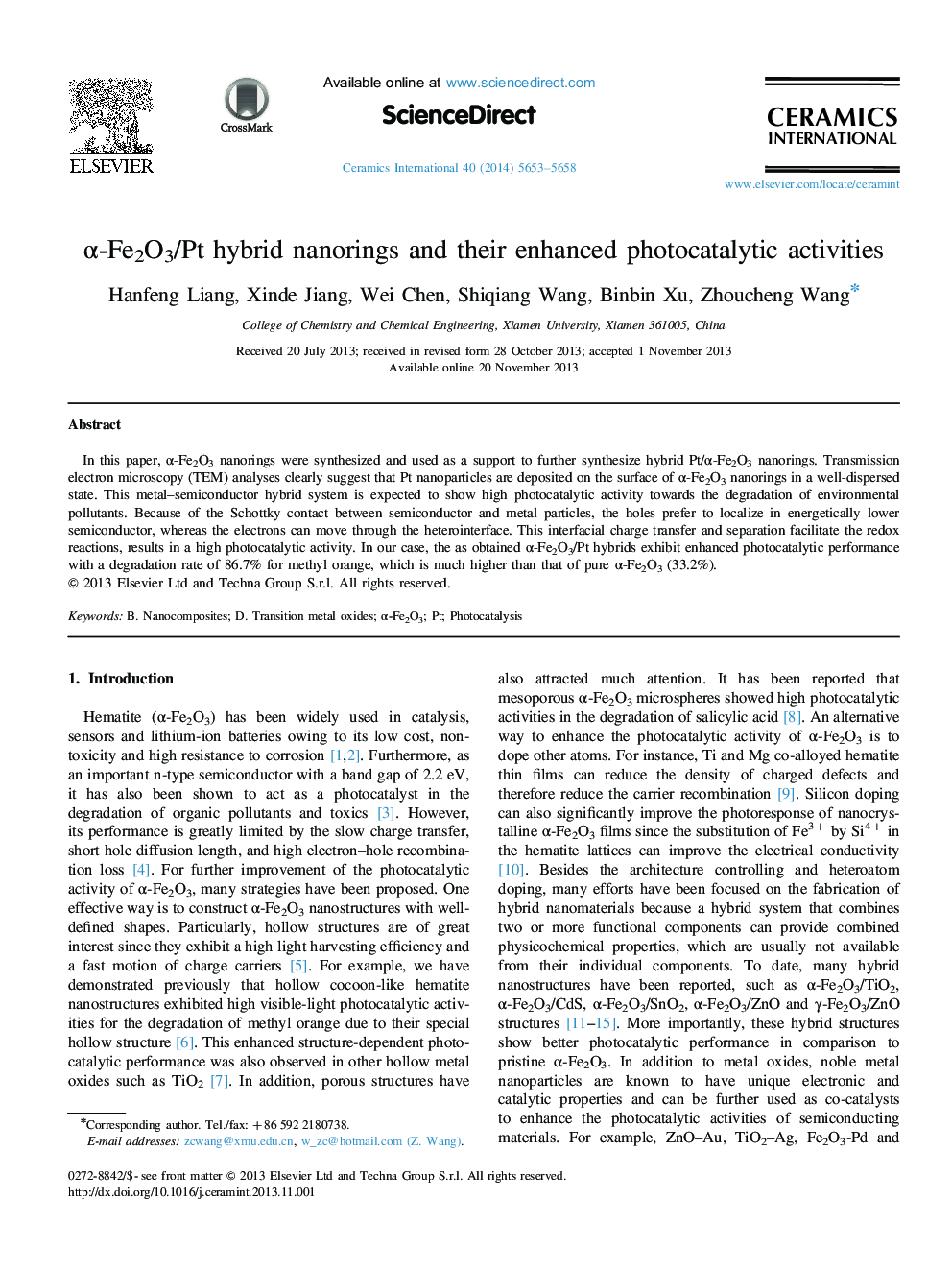 Î±-Fe2O3/Pt hybrid nanorings and their enhanced photocatalytic activities