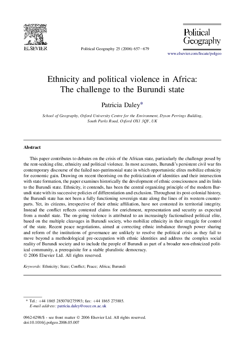 Ethnicity and political violence in Africa: The challenge to the Burundi state