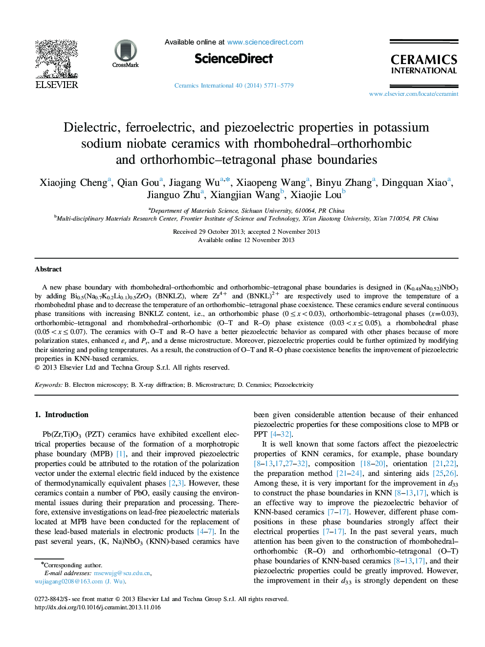 Dielectric, ferroelectric, and piezoelectric properties in potassium sodium niobate ceramics with rhombohedral-orthorhombic and orthorhombic-tetragonal phase boundaries