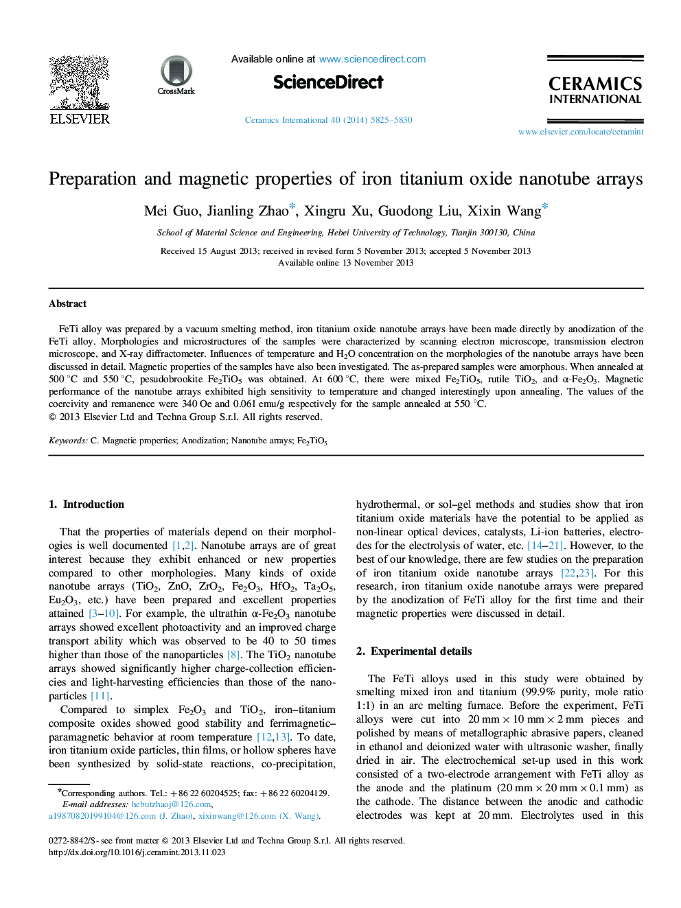 Preparation and magnetic properties of iron titanium oxide nanotube arrays
