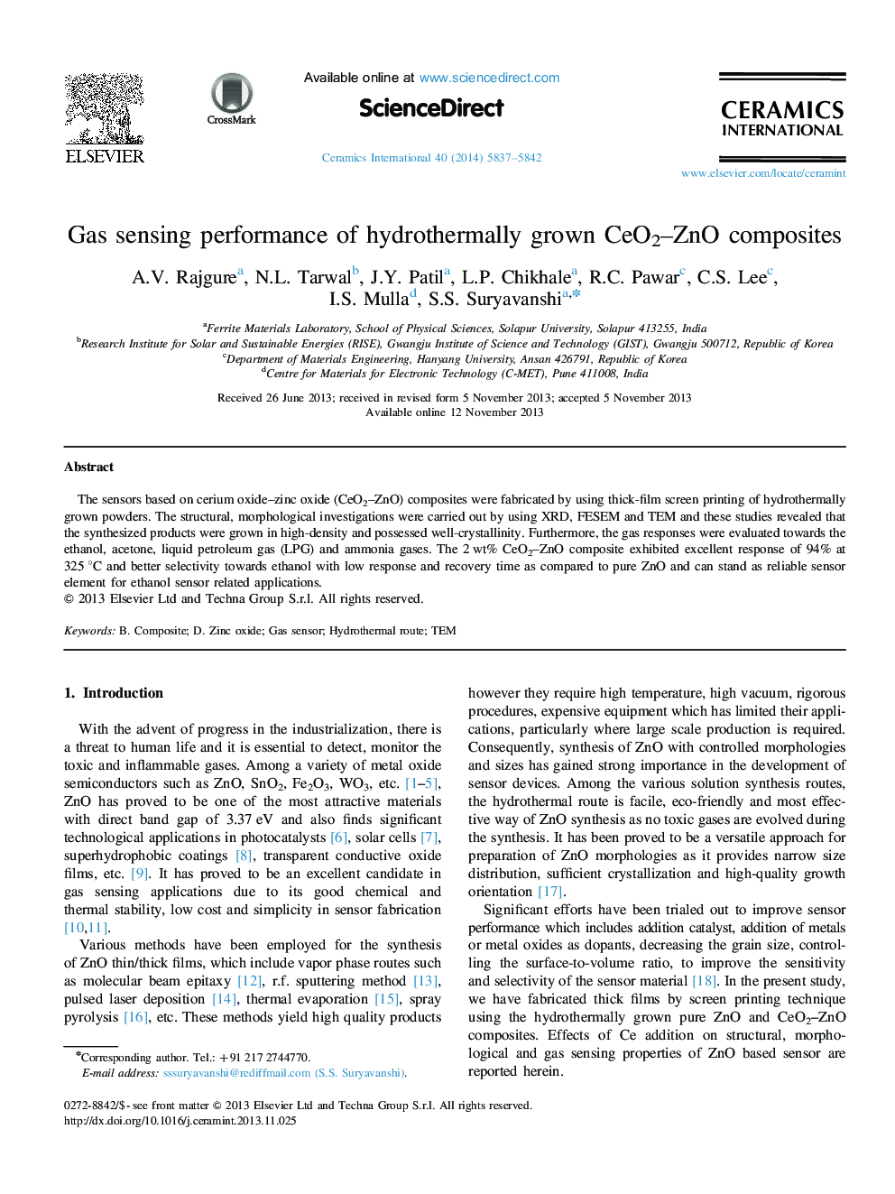 Gas sensing performance of hydrothermally grown CeO2-ZnO composites