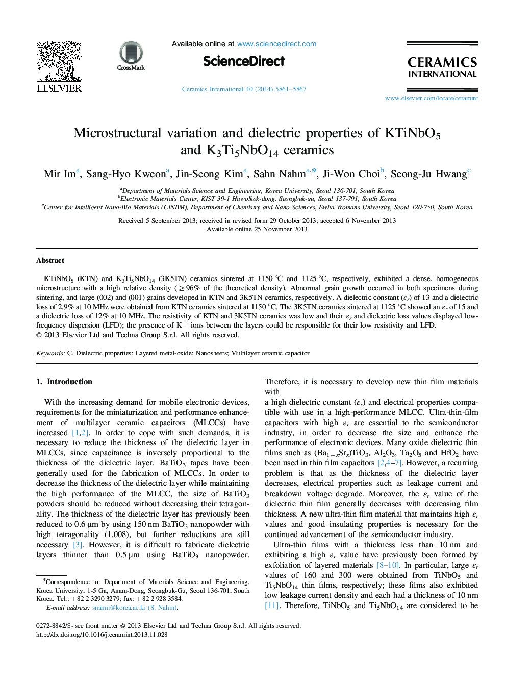 Microstructural variation and dielectric properties of KTiNbO5 and K3Ti5NbO14 ceramics