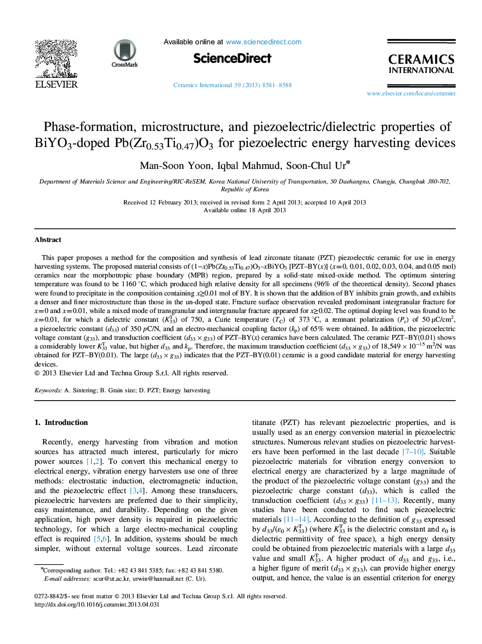 Phase-formation, microstructure, and piezoelectric/dielectric properties of BiYO3-doped Pb(Zr0.53Ti0.47)O3 for piezoelectric energy harvesting devices