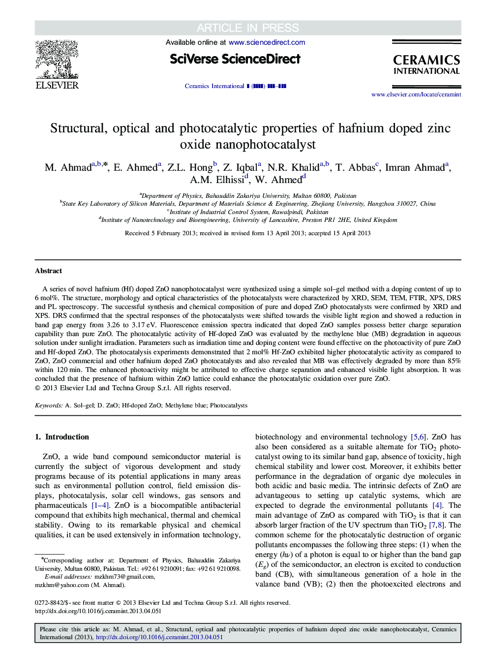 Structural, optical and photocatalytic properties of hafnium doped zinc oxide nanophotocatalyst