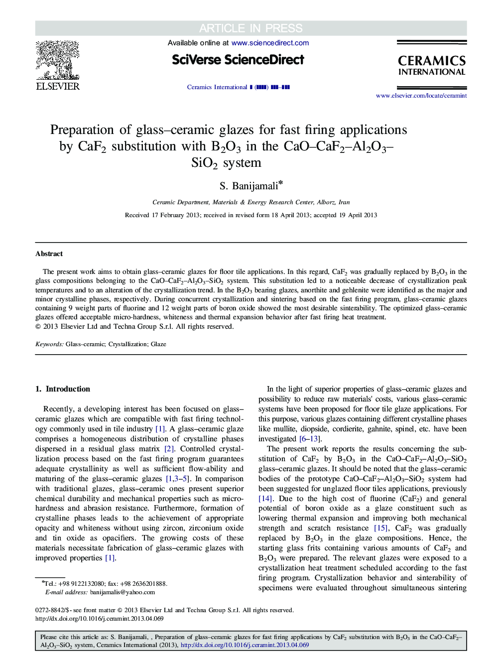 Preparation of glass-ceramic glazes for fast firing applications by CaF2 substitution with B2O3 in the CaO-CaF2-Al2O3-SiO2 system