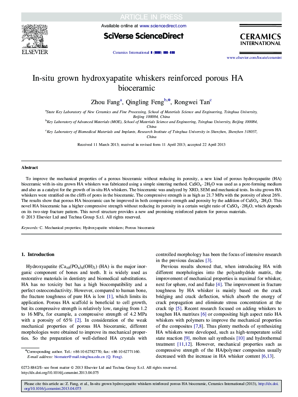 In-situ grown hydroxyapatite whiskers reinforced porous HA bioceramic