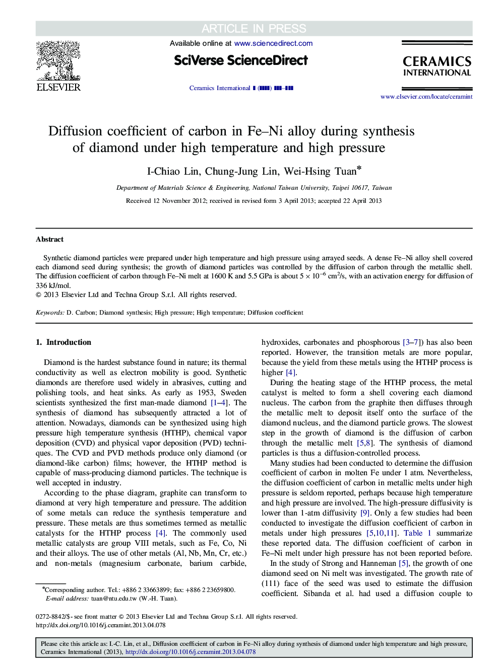 Diffusion coefficient of carbon in Fe-Ni alloy during synthesis of diamond under high temperature and high pressure