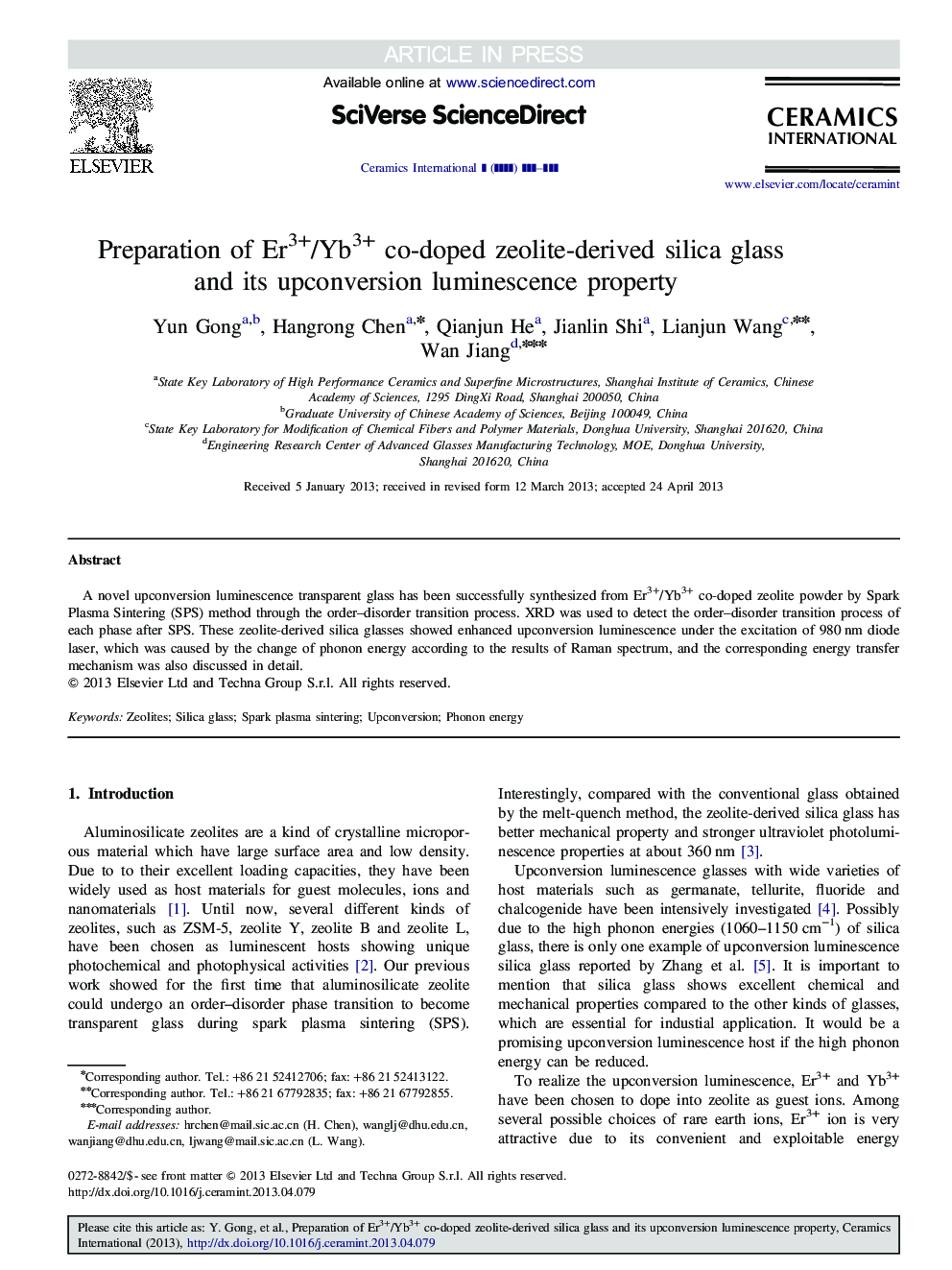 عکس صفحه اول مقاله: Preparation of Er3+/Yb3+ co-doped zeolite-derived silica glass and its upconversion luminescence property Preparation of Er3+/Yb3+ co-doped zeolite-derived silica glass and its upconversion luminescence property