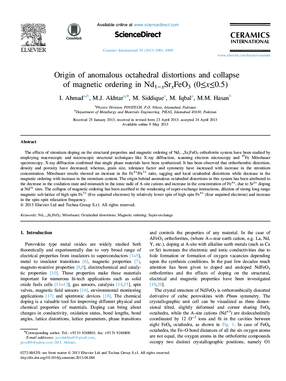 Origin of anomalous octahedral distortions and collapse of magnetic ordering in Nd1âxSrxFeO3 (0â¤xâ¤0.5)