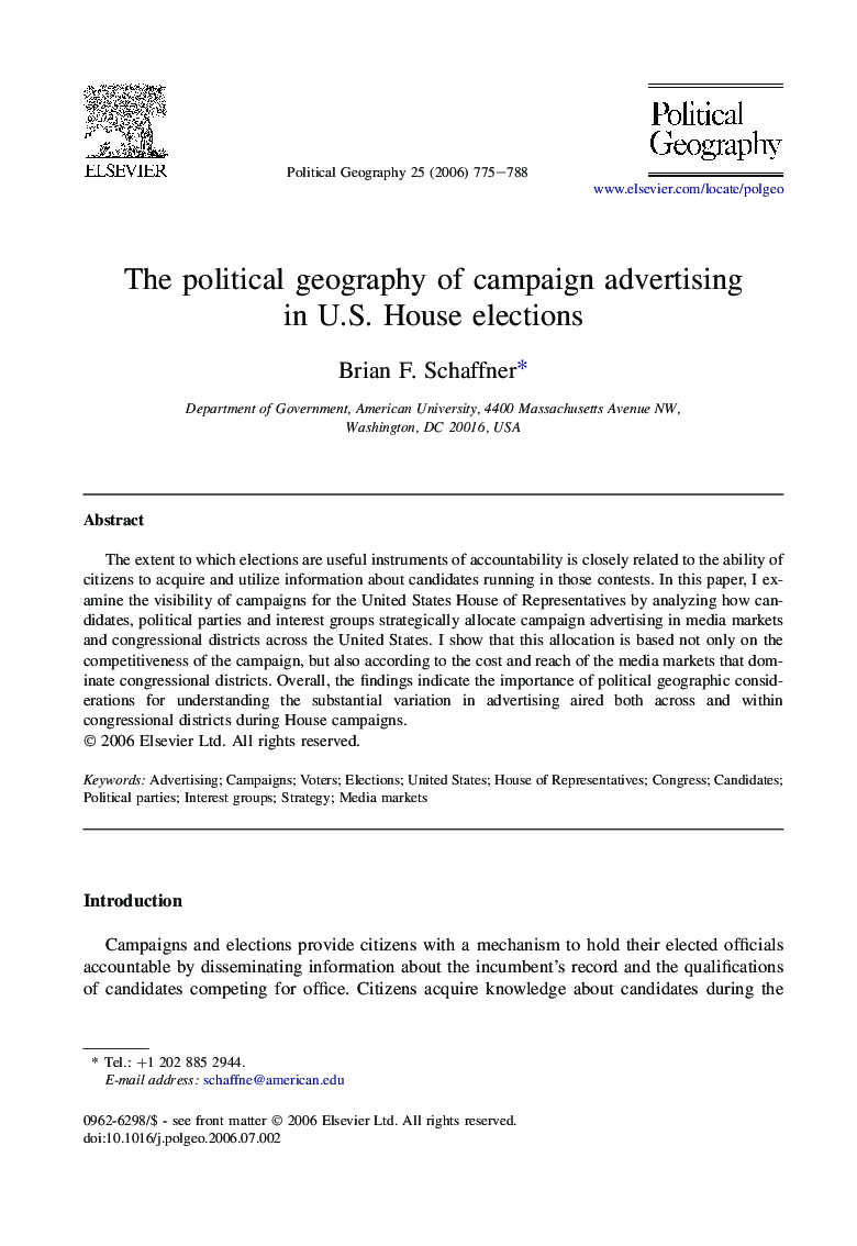 عکس صفحه اول مقاله: The political geography of campaign advertising in U.S. House elections The political geography of campaign advertising in U.S. House elections