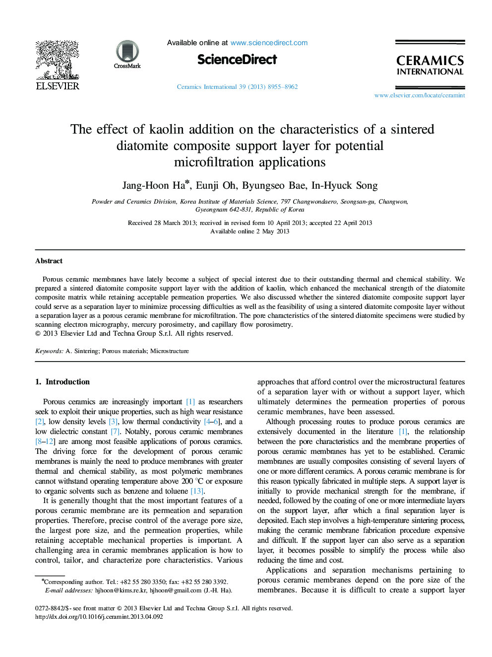 The effect of kaolin addition on the characteristics of a sintered diatomite composite support layer for potential microfiltration applications