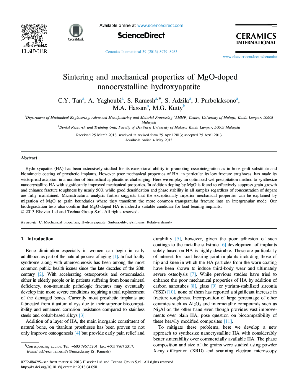 Sintering and mechanical properties of MgO-doped nanocrystalline hydroxyapatite
