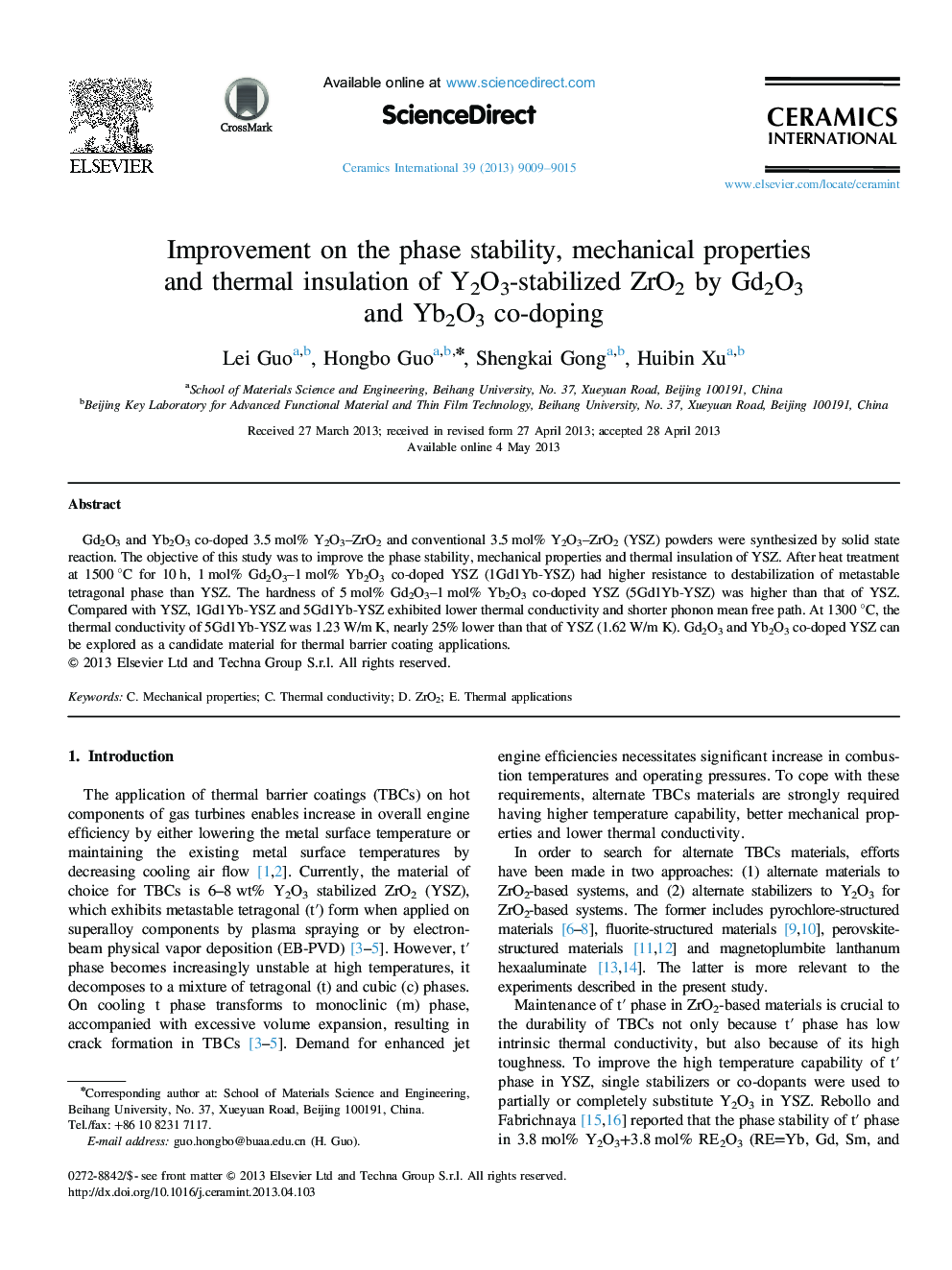 Improvement on the phase stability, mechanical properties and thermal insulation of Y2O3-stabilized ZrO2 by Gd2O3 and Yb2O3 co-doping