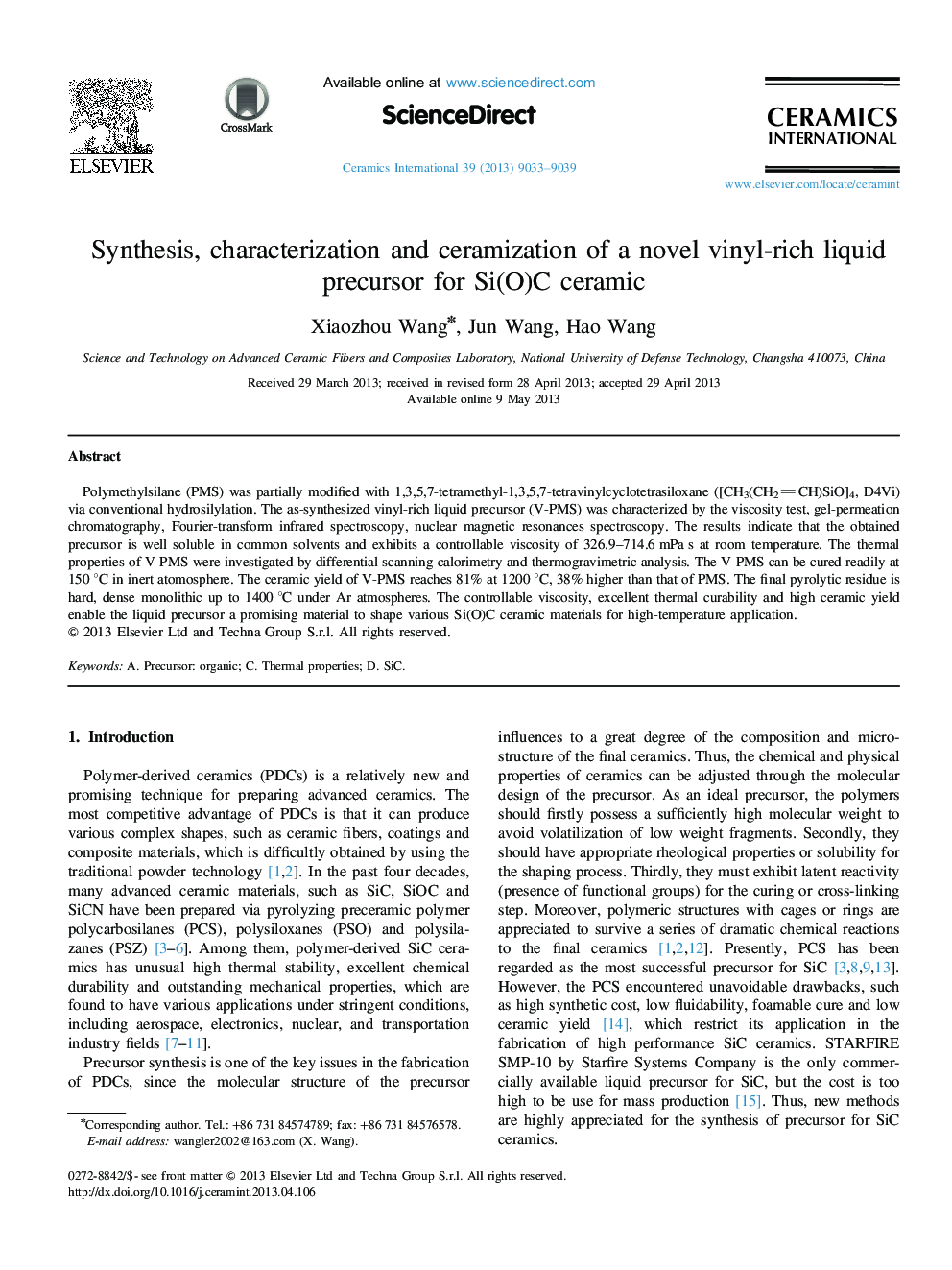 عکس صفحه اول مقاله: Synthesis, characterization and ceramization of a novel vinyl-rich liquid precursor for Si(O)C ceramic Synthesis, characterization and ceramization of a novel vinyl-rich liquid precursor for Si(O)C ceramic