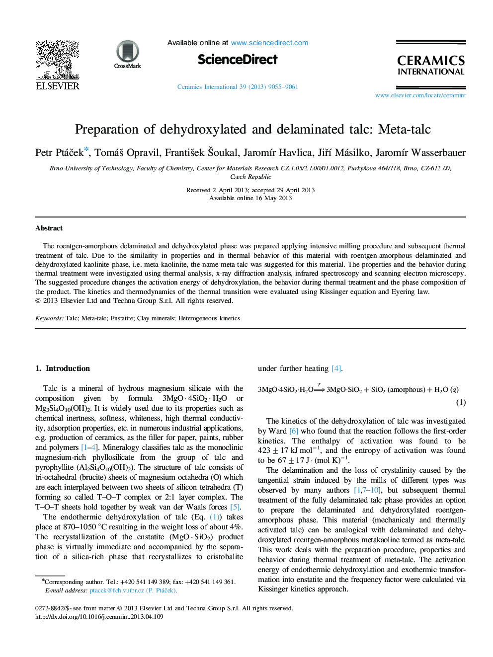 Preparation of dehydroxylated and delaminated talc: Meta-talc