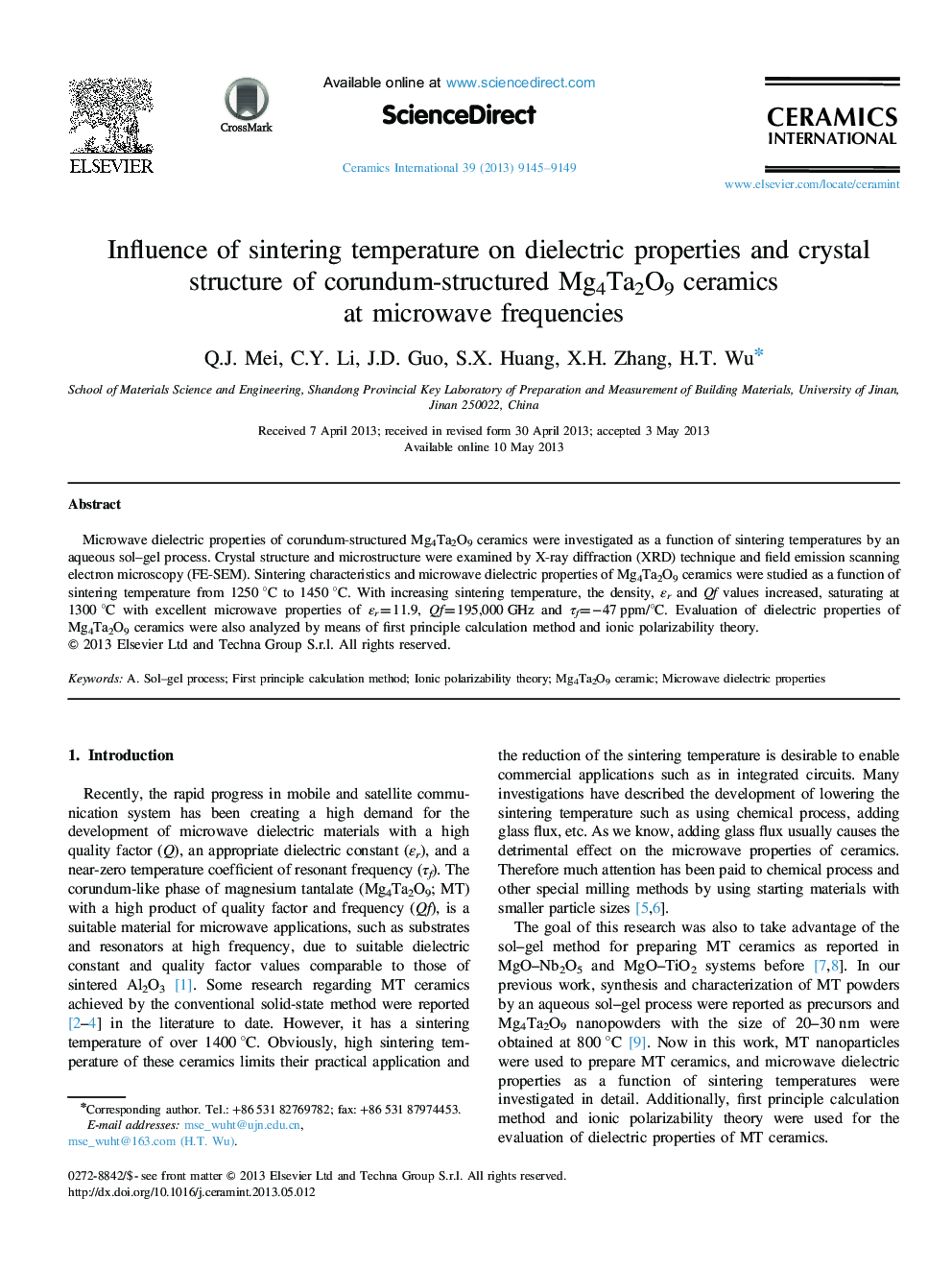 Influence of sintering temperature on dielectric properties and crystal structure of corundum-structured Mg4Ta2O9 ceramics at microwave frequencies