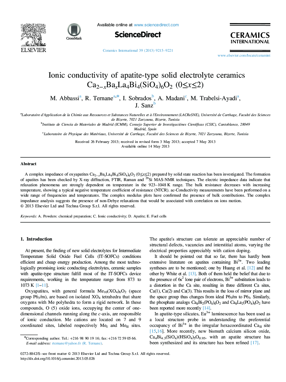 Ionic conductivity of apatite-type solid electrolyte ceramics Ca2âxBaxLa4Bi4(SiO4)6O2 (0â¤xâ¤2)