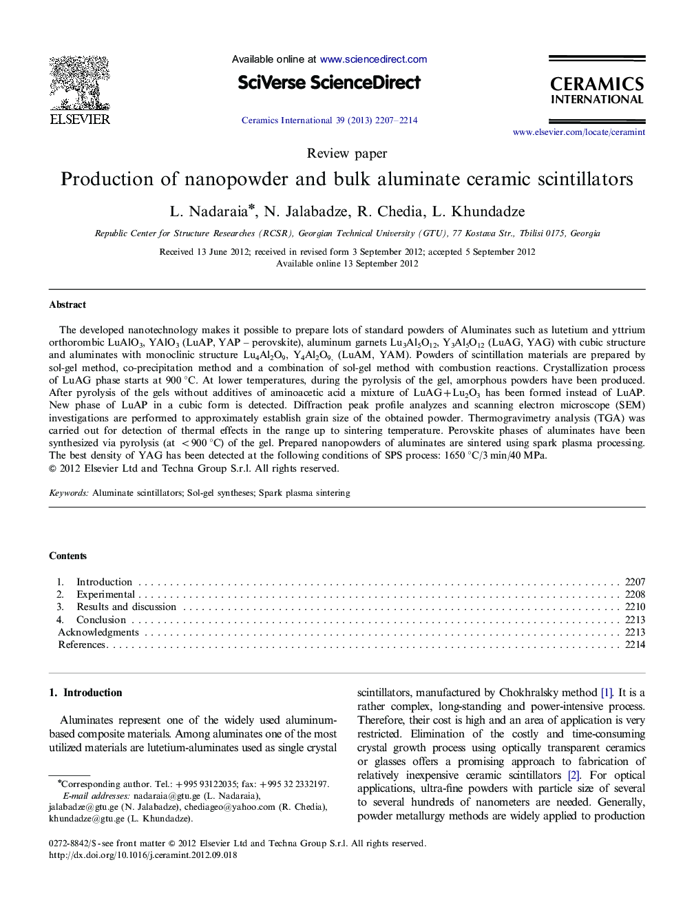 Production of nanopowder and bulk aluminate ceramic scintillators