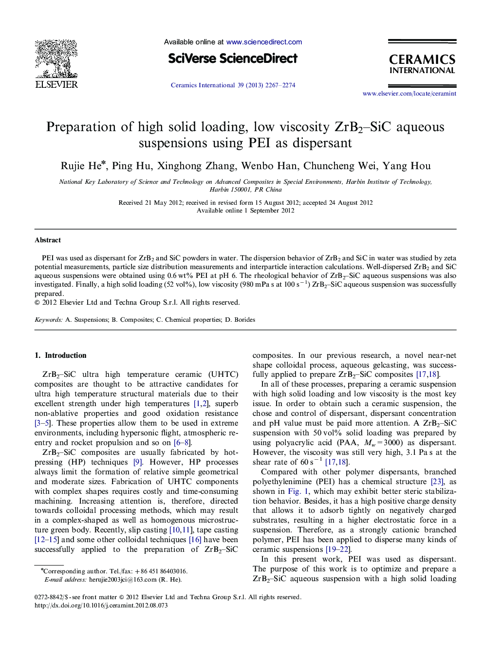 Preparation of high solid loading, low viscosity ZrB2-SiC aqueous suspensions using PEI as dispersant