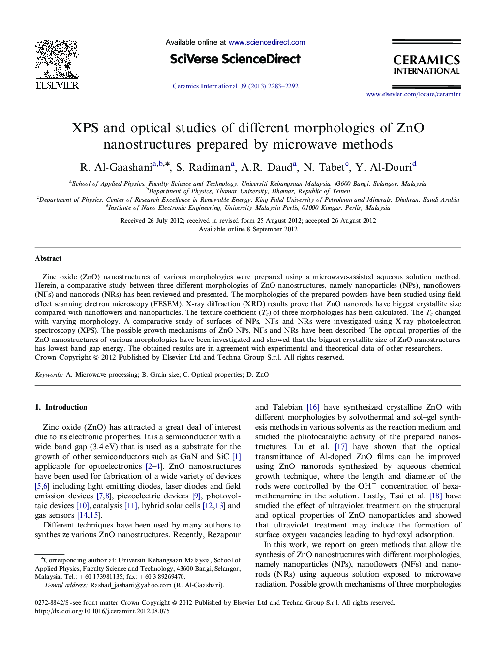 XPS and optical studies of different morphologies of ZnO nanostructures prepared by microwave methods