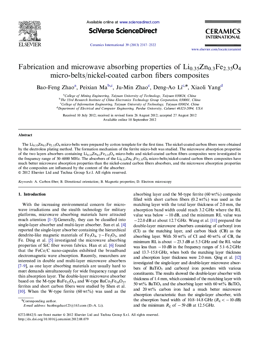 عکس صفحه اول مقاله: Fabrication and microwave absorbing properties of Li0.35Zn0.3Fe2.35O4 micro-belts/nickel-coated carbon fibers composites Fabrication and microwave absorbing properties of Li0.35Zn0.3Fe2.35O4 micro-belts/nickel-coated carbon fibers composites