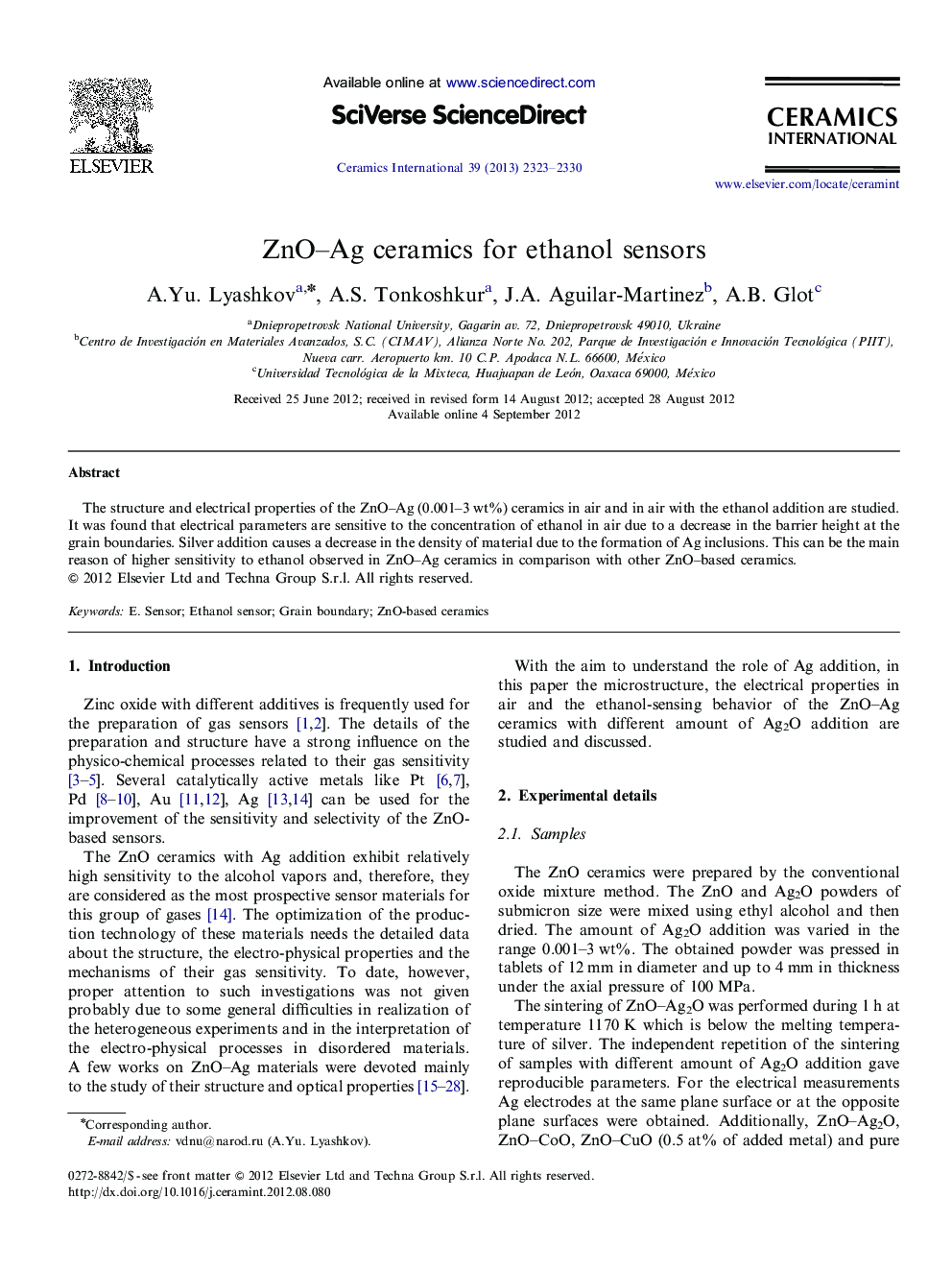 ZnO-Ag ceramics for ethanol sensors